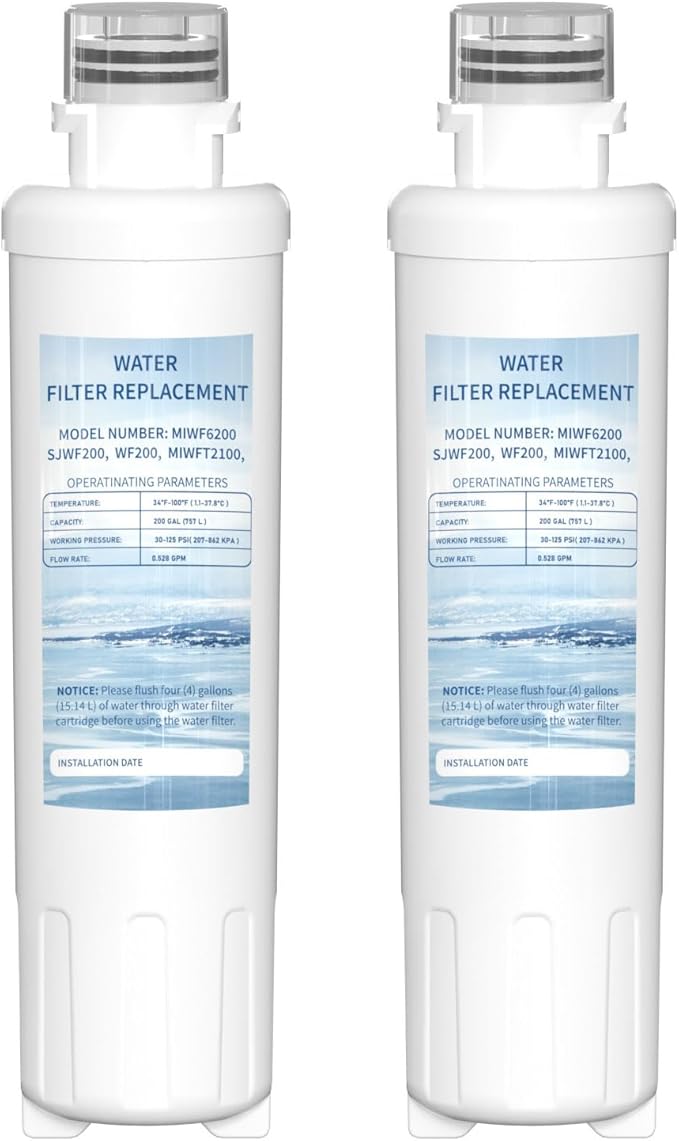 MIWF6200 Twist-in Water Filter Cartridge, Compatible with Midea MRS26D5AST, MF-2008-R2, Sharp SJWF200, SJG2254FS, Thor Kitchen WF200, Zline MIWFT2100, RFM-W-36 Models, 200 Gallon, 2 Pack