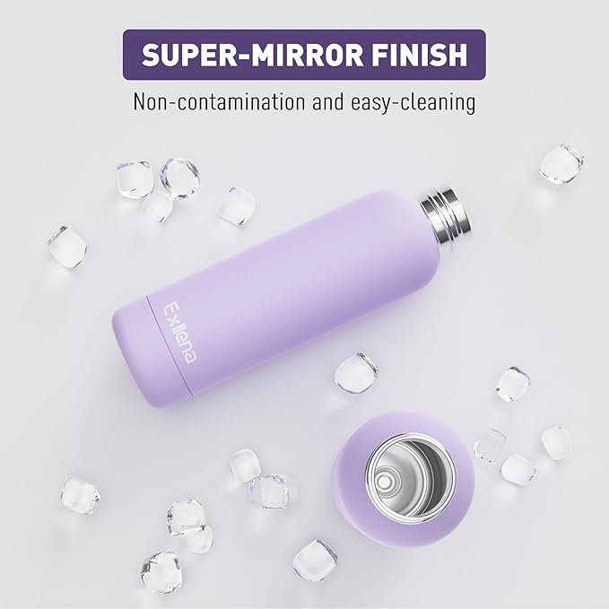Exllena Slim Insulated Water Bottles for Travel 18oz with Clip, Double Wall Vacuum Stainless Steel Water Bottle Keeps Drinks Cold 24 Hrs/Hot 12 Hrs, 100% Leakproof, BPA Free(Purple)