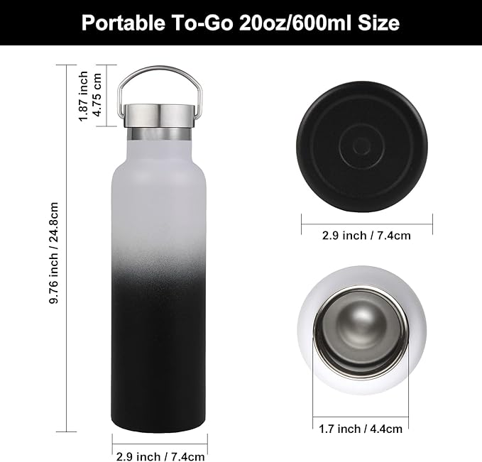 Neihepal 20 oz Insulated Water Bottles Bulk 4 Pack,Stainless Steel Double Wall Sport Bottle with Lid of Handle,Metal Reusable Thermoses Flask for School,Cyclists,Hikers,Gift (White-Black,Set of 4)
