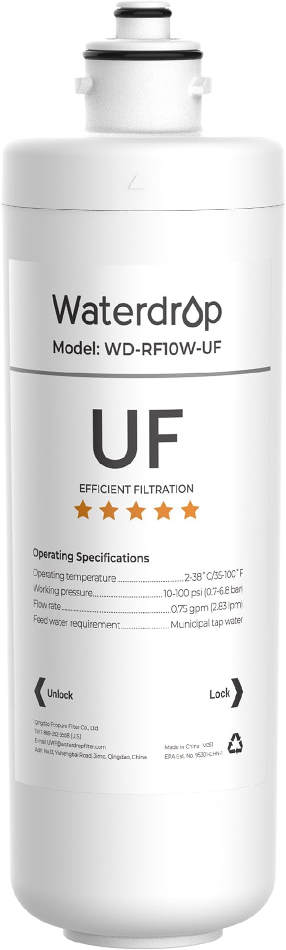 Waterdrop RF10W-UF 0.01 Micron Water Filter, Reduces Lead, Chlorine, Bad Taste & Odor, 11K Gallons High Capacity, Replacement for Waterdrop Under Sink Water Filtration System, White