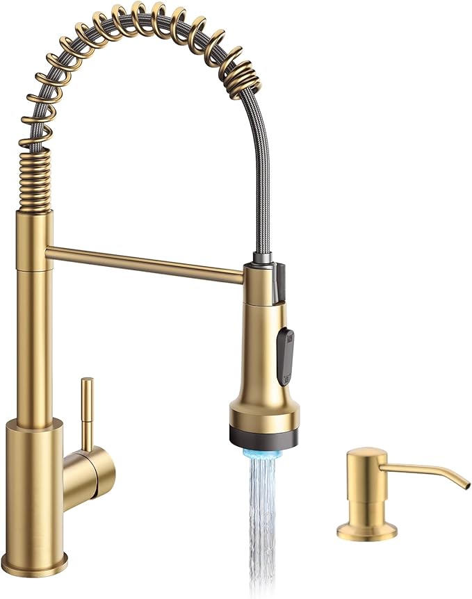 GIMILI Gold LED Kitchen Faucet with Soap Dispenser, Modern Single Handle Spring Kitchen Sink Faucets with Pull Down Sprayer