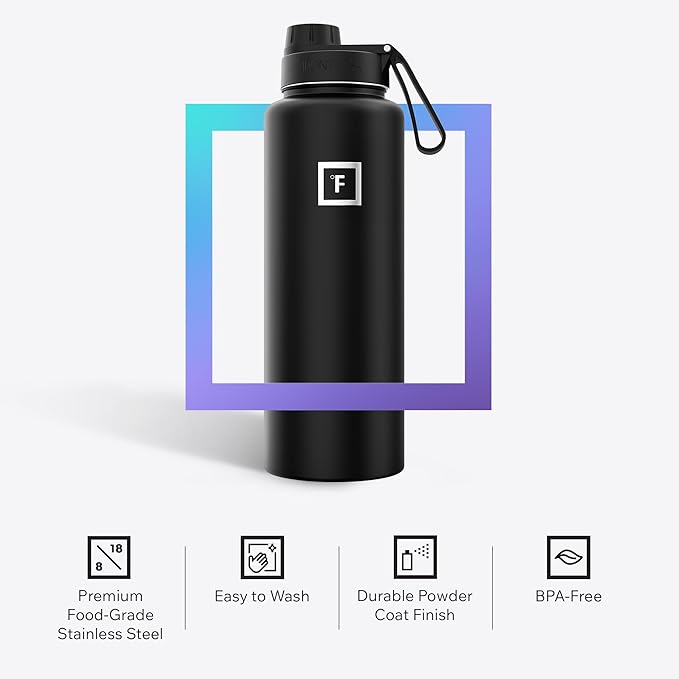 IRON °FLASK Camping & Hiking Hydration Flask with Spout, Wide Mouth Insulated Stainless Steel Sports Water Bottle - Dark Rainbow 40 oz - Spout (1 Lid)