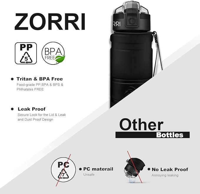 ZORRI Sports Water Bottle, 400/500/700ml/1L, BPA Free Leak Proof Tritan Lightweight Bottles for Outdoors,Camping,Cycling,Fitness,Gym,Yoga- Kids/Adults Drink Bottles with Filter, Lockable Pop Open Lid