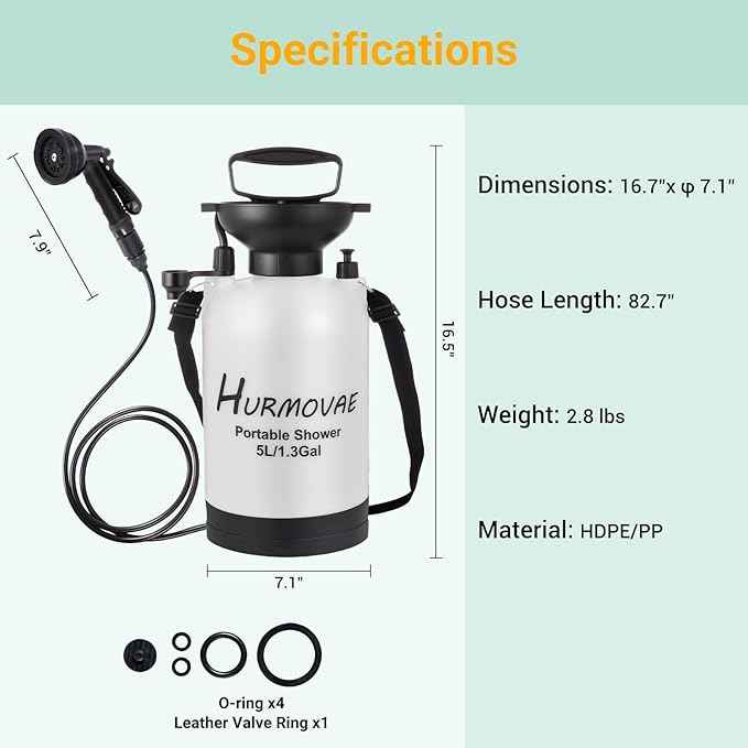 1.3 Gallon/5L Portable Shower–10 Spray Modes, Nylon Insulated Sleeve & No Electric Needed, Beach Shower for Surfing, Travel & Hiking, Portable Water Sprayer, White