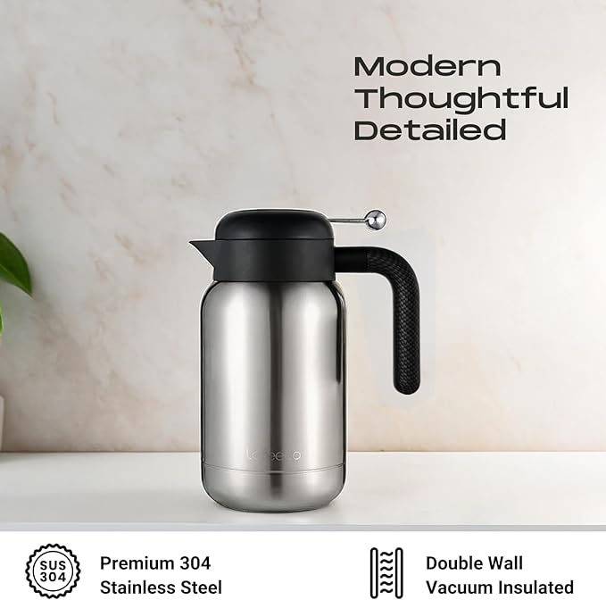 Aura Thermal Coffee Carafe - Vacuum Insulated Stainless Steel Tea Pot & Water Pitcher, Keeps Drinks Hot or Cold, BPA-Free, Beverage Dispenser Thermos - 51 oz Stainless
