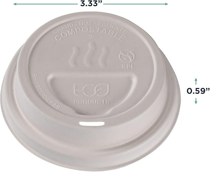 Eco-Products Compostable Molded Fiber Coffee Cup Lids, Case of 1000, White GreenStripe Tops, Fits 8oz Hot Cups, Disposable White Molded Fiber, No PFAS, Tree-Free, ASTM Compliant, BPI-Certified