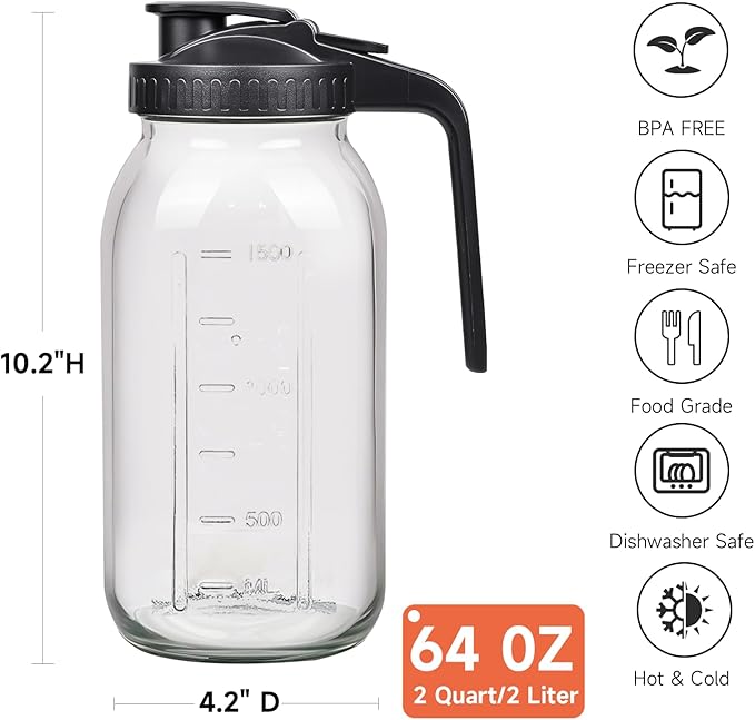 2 Pack 64oz Glass Mason Jar Pitcher with Airtight Lid and Handle – Wide Mouth, Leak-Proof, Ideal for Sun Tea, Cold Brew, Lemonade, Iced Coffee, Milk, and Water (Gray)
