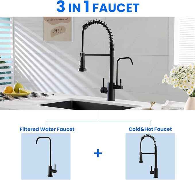 POPFLY 3 in 1 Kitchen Faucet With Drinking Water Purifier, Pull Down Sprayer, High Arch 2 Handle Filter Faucet, Black