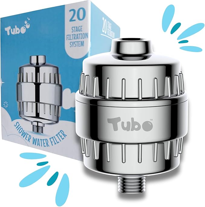 Tubo 20-Stage Shower Filter - Removes up to 99% of Chlorine, Heavy Metals & other Contaminants - Improves Skin and Hair - Tool-free installation - 12,000 Gallon Capacity