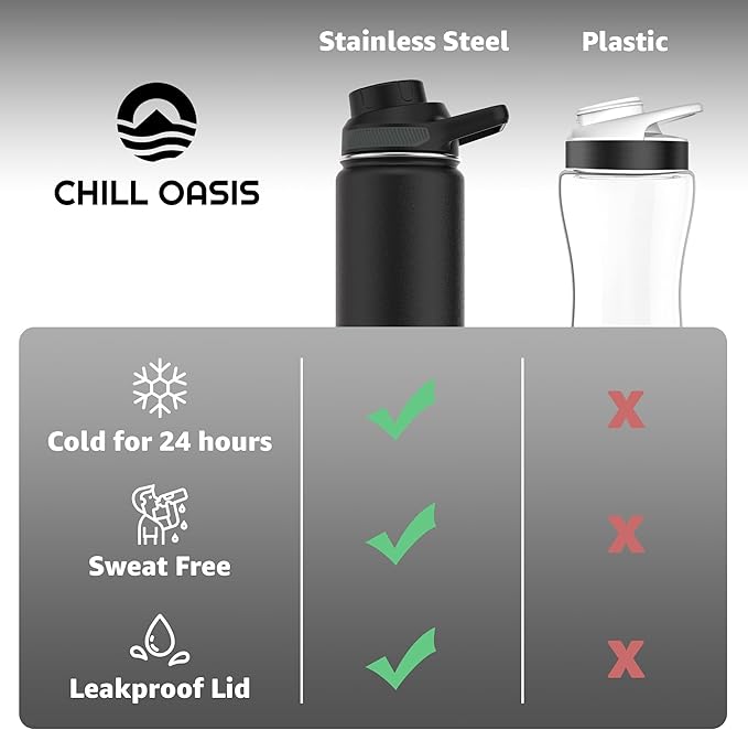 Chill Oasis Water Bottle | Compatible With Popular Flavor Cartridges | BPA Free, Leak Proof, Double-Walled Vacuum Insulated Stainless Steel, and Dishwasher Safe | Cold for 24 Hours (Black, 22oz) | BPA Free, Leak Proof, Double-Walled, Vacuum Insulated, ...