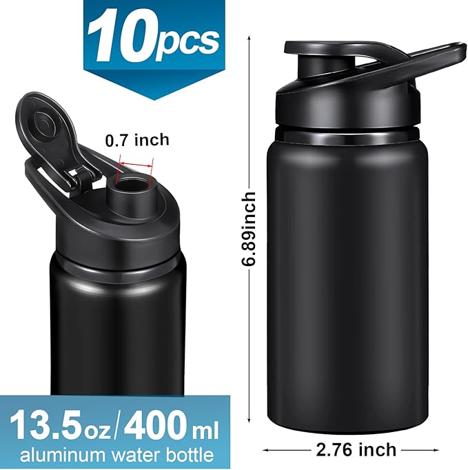 Mimorou 10 Pieces 13.5oz Reusable Aluminum Water Bottles Bulk Multicolor Outdoor Sports Water Bottles for Travel, Gym, Hiking, Cycling, Camping, Fishing, Snap Lid (Black)