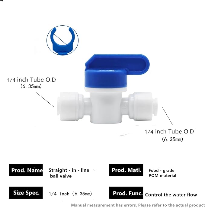 1/4 inch OD Tubing&Hose&Pipe Use Inline Shut Off Ball Valve Plastic Quick Connect Fittings for Water Purifier RODI System (Pack of 10) - AquaVibe