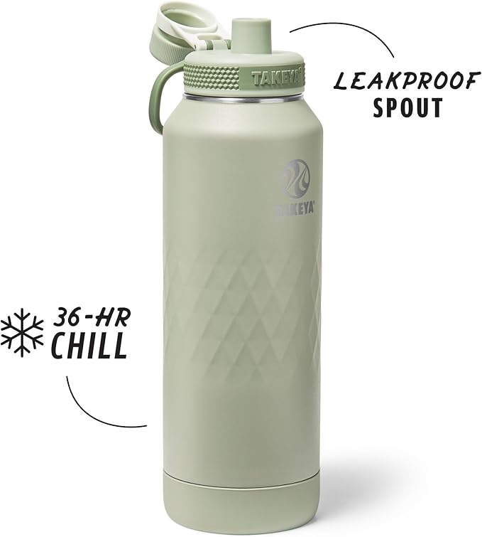 Takeya Sport 40 oz Triple-Insulated Stainless Steel Water Bottle, Spout Lid – Leakproof, Sweatproof, BPA-Free, Keeps Drinks Cold 36 Hrs, Hot 14 Hrs – Eucalyptus