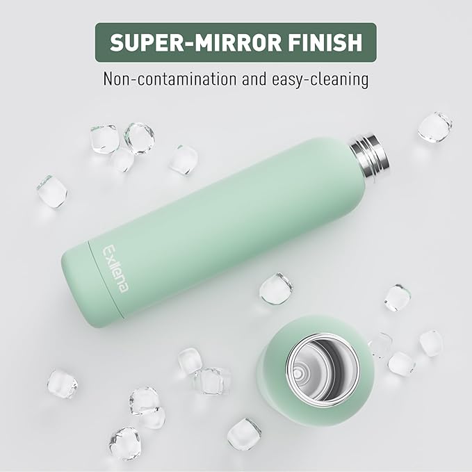 Exllena Slim Insulated Water Bottles for Travel 25oz with Clip, Double Wall Vacuum Stainless Steel Water Bottle Keeps Drinks Cold 24 Hrs/Hot 12 Hrs, 100% Leakproof, BPA Free(Mint)