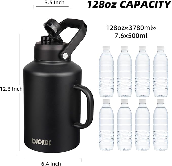 BJPKPK 1 Gallon Water Bottle with Handle, Large Dishwasher Safe 128oz Insulated Water Bottle, BPA Free Water Jug, Wide Mouth Metal Flasks with Anti-slip Bottom, Keep Cold & Hot,Black