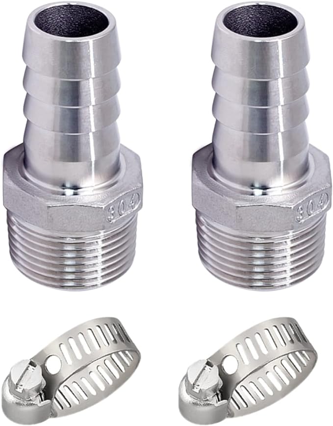 Stainless Steel 304 Hose Barb Fitting, 3/8" Barbed x 1/4" NPT Male Straight Adapter Connector with 2 Hose Clamps, Pack of 2