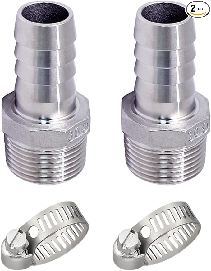 Stainless Steel 304 Hose Barb Fitting, 1" Barbed x 3/4" NPT Male Straight Adapter Connector with 2 Hose Clamps, Pack of 2