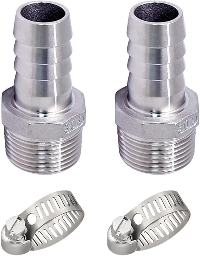 Stainless Steel 304 Hose Barb Fitting, 1/2" Barbed x 1/4" NPT Male Straight Adapter Connector with 2 Hose Clamps, Pack of 2