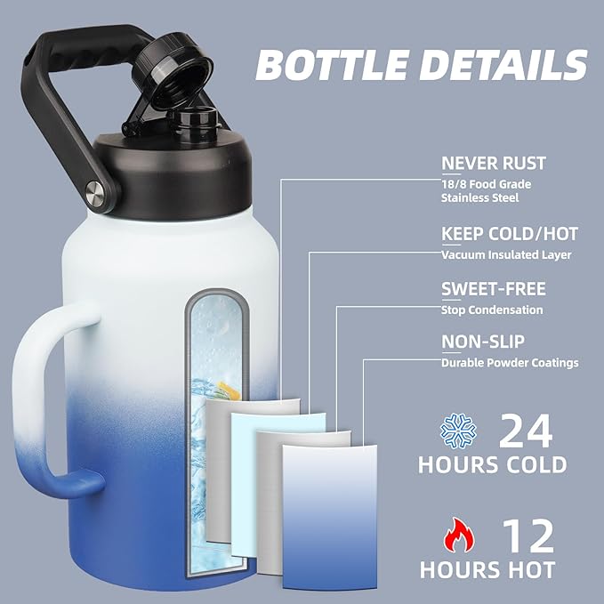 BJPKPK 87oz Insulated Water Bottle with Handle, Large Dishwasher Safe 2/3 Gallon Water Bottle, BPA Free Water Jug, Wide Mouth Metal Flasks with Anti-slip Bottom, Keep Cold & Hot,Sky