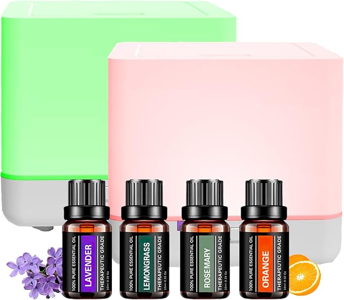 Diffuser 300ml x2Pack Set + 4 Essential Oils White Cute Humidifier with Adjustable Mist Mode,Auto Off,7-Colors Night lignts 3 in 1 Aroma Diffuser for Bedroom/Office/Home（2Pack wyk+4JY）