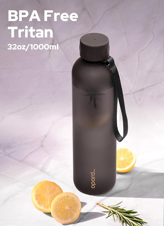 Opard Slim Pro Water Bottle 32oz, Plastic Water Bottle BPA-Free, Facetted Rubberized Grip-Texture Monocap, Leakproof Screw Top, Charcoal Black, Reusable for Travel School Sport Gym Hiking