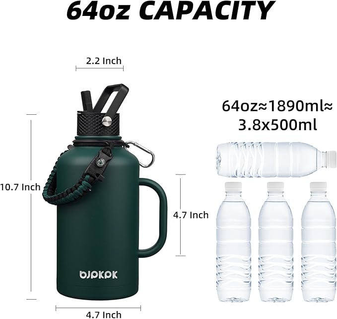 BJPKPK Half Gallon Insulated Water Bottles with Straw Lid & Side Handle, 64oz Large, Stainless Steel Water Bottles with 3 Lids and Paracord Strap, Metal Water Jug,Army Green