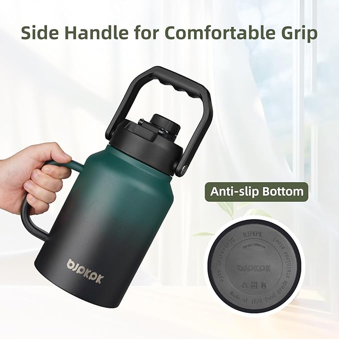 BJPKPK 64oz Insulated Water Bottle with Handle, Large Dishwasher Safe Half Gallon Water Bottle, BPA Free Water Jug, Wide Mouth Metal Flasks with Anti-slip Bottom, Keep Cold & Hot, Army Green
