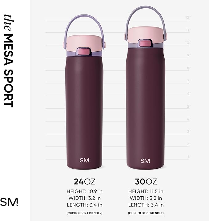 Simple Modern Mesa Sport Water Bottle with Covered Chug Lid | 24oz Cup Holder Friendly Insulated Stainless Steel Bottle for Gym, Sports and Travel | Cherry Wine