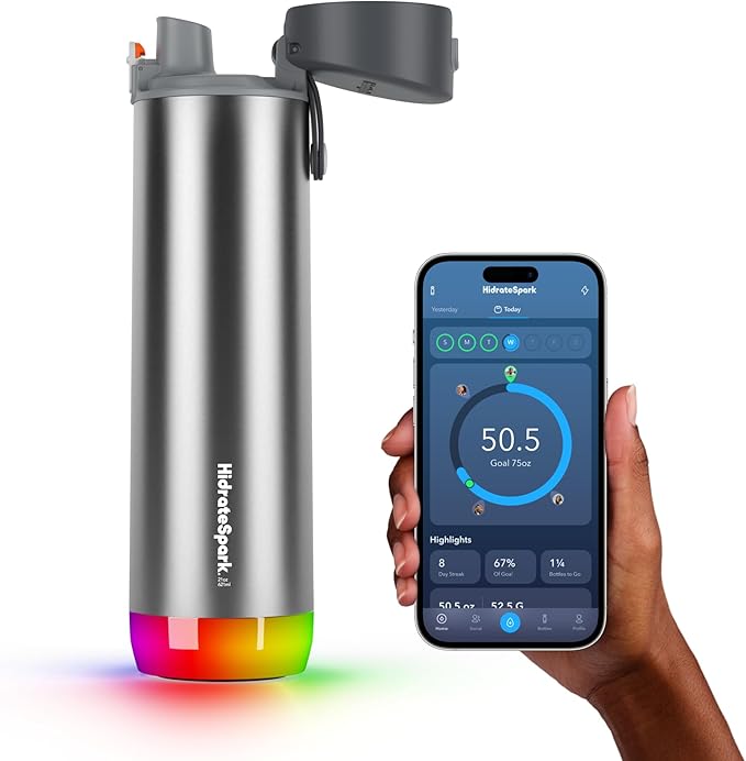 Hidrate Spark PRO Smart Water Bottle - Tracks Water Intake & Glows to Remind You to Stay Hydrated, Chug & Straw lid, 21oz (Brushed)