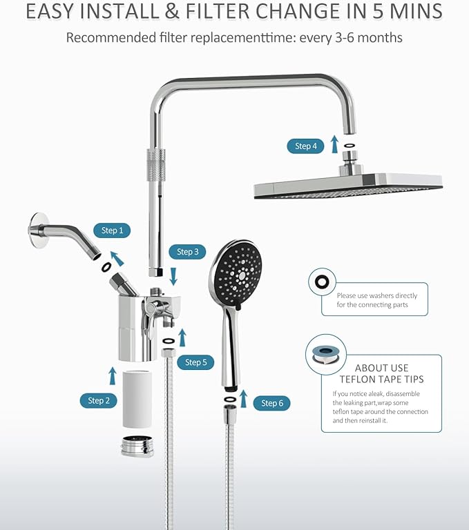 Filtered Shower Head with Handheld,12 Inch High Pressure Rain Shower Head with Adjustable Extension Arm,Dual shower filter head for hard water,Tool-Free DIY Kit,Chrome (Chrome)