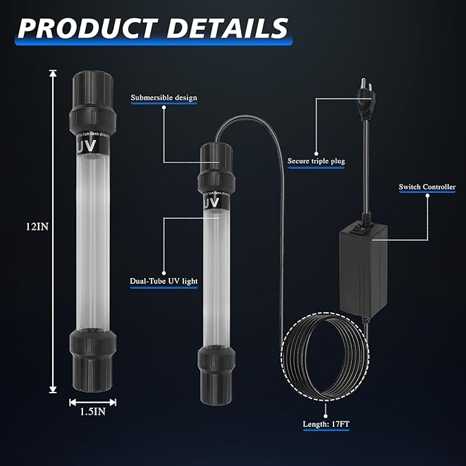 20W UV Submersible Sterilizer Light for Aquarium, Pond, Cold Plunge, Pool, Hot Tub – Ozone-Free UV-C Water Filter Lamp with Quartz Glass, Weighted Gravity Block