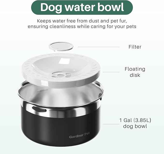 Gardner Pet Dog Bowls 1 Gallon (3.85L) Stainless Steel No Spill Water Bowl, Slow Water Feeder Metal Dog Bowls, Spill Proof Water Dispenser for Large Dogs, Promotes Healthy Hydration(Black)