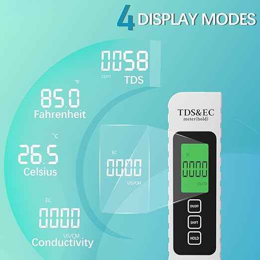 4 in 1 Digital Water Tester for Drinking Water - Accurate and Reliable TDS EC & Temperature(°C/°F) Meter - 0-9999 ppm - for Drinking Water, Aquarium, Hydroponics, Pool, Etc