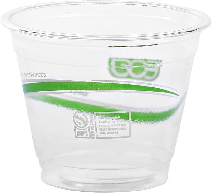 ECO PRODUCTS GreenStripe Clear Compostable 9oz PLA Plastic Cups, Pack of 50, Disposable Renewable Plant-Based Cold Cups, for Cold Drinks & Snacks, BPI Certified, ASTM Compliant.