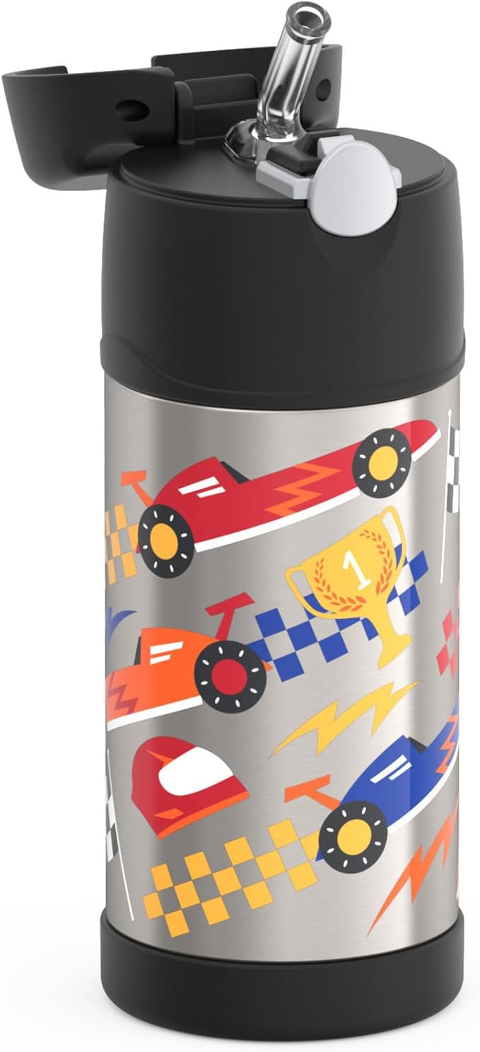 THERMOS FUNTAINER Water Bottle with Straw - 12 Ounce, Hot Rods - Kids Stainless Steel Vacuum Insulated Water Bottle with Lid