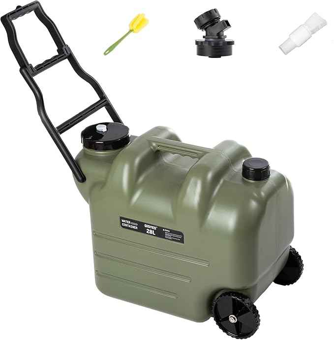 7.4 Gallon Water Jug with Wheels & Folding Handle, Rolling Wheel Water Storage Tank for Hiking Camping, Portable
