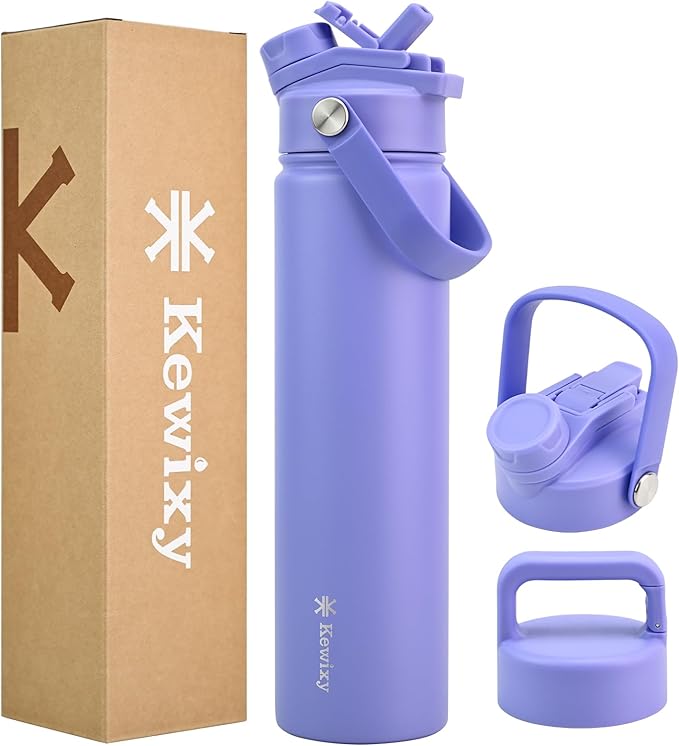 KEWIXY 24 oz Insulated Water Bottle, 2-in-1 Lid, Straw & Spout with Protected, Leak Proof, Keep Cold, Stainless Steel, Metal, Reusable, Handle, for Travel, Gym and School, 2 Lids, Aurora Blue