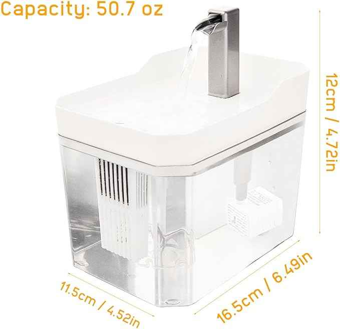 Plastic Cat Water Fountains Transparent and Visible Tank,50.7Oz/1.5L Cat and Dog Drinking Bowl Water Foutain Indoor Easy to Clean Small Pet Water Fountain with Quiet Pump White