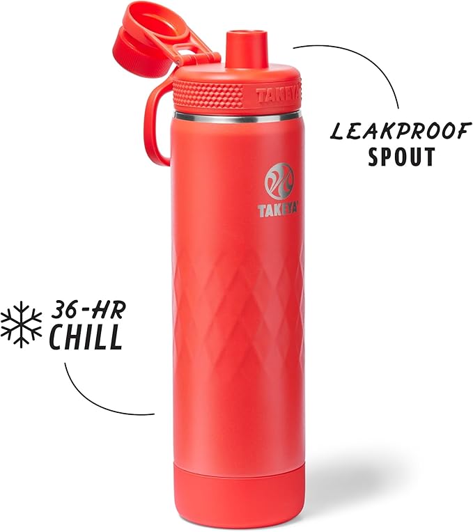 Takeya Sport 22 oz Triple-Insulated Stainless Steel Water Bottle, Spout Lid – Leakproof, Sweatproof, BPA-Free, Keeps Drinks Cold 36 Hrs, Hot 14 Hrs, Crimson