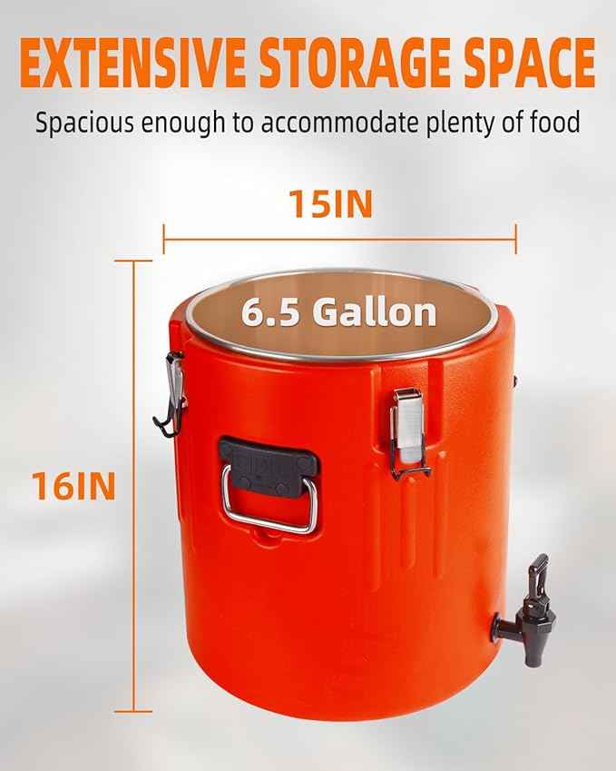 Insulated Beverage Dispenser 6.5 Gallon, Hot Drink Dispenser with 304 Stainless Steel Interior & Spout, Outdoors Water Jug for Camping Party