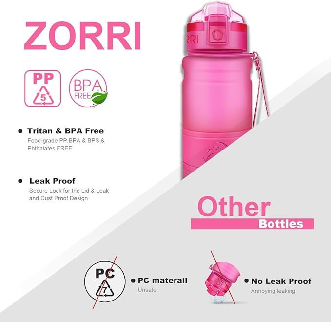 ZORRI Sports Water Bottle, 400/500/700ml/1L, BPA Free Leak Proof Tritan Lightweight Bottles for Outdoors,Camping,Cycling,Fitness,Gym,Yoga- Kids/Adults Drink Bottles with Filter, Lockable Pop Open Lid