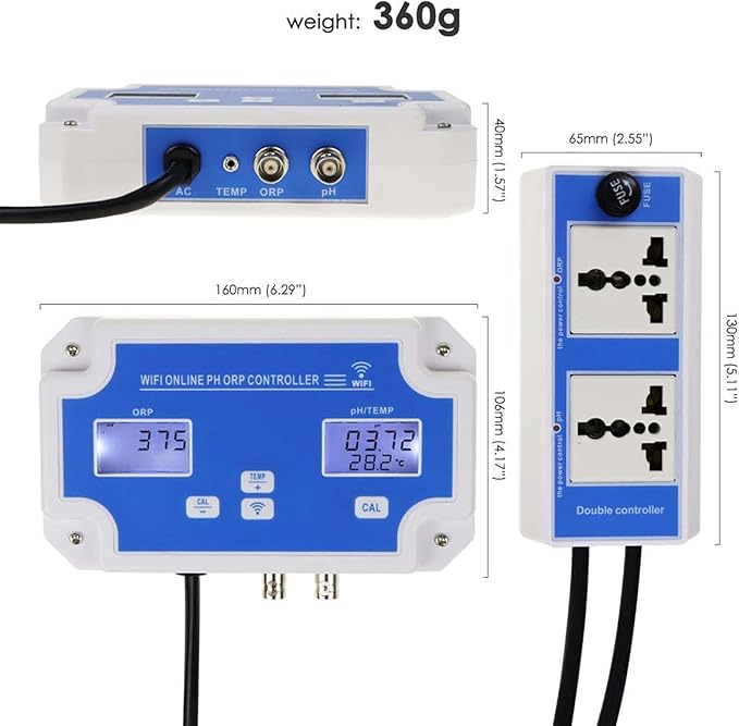 3 in 1 PH ORP Temperature Meter, Water Quality Monitor with Dual Power Socket and App, 24 Hours Smart Monitoring and Calibrate Easily, for Aquariums, Drinking Water, Hydroponics, Lab