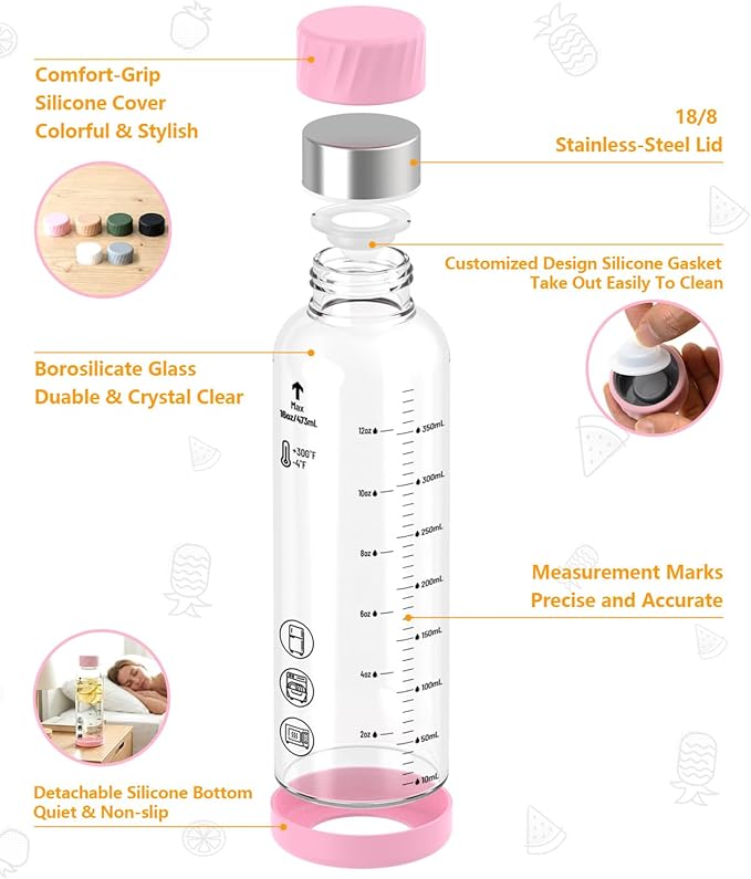 Zukro Glass Water Bottles with lids 20 oz - 4 Pack Heat-resistant Borosilicate Juice Bottles with Stainless Steel Cap for Juicing, Protein, Milk, Smoothies - Reusable & Airtight Leak proof, BPA Free