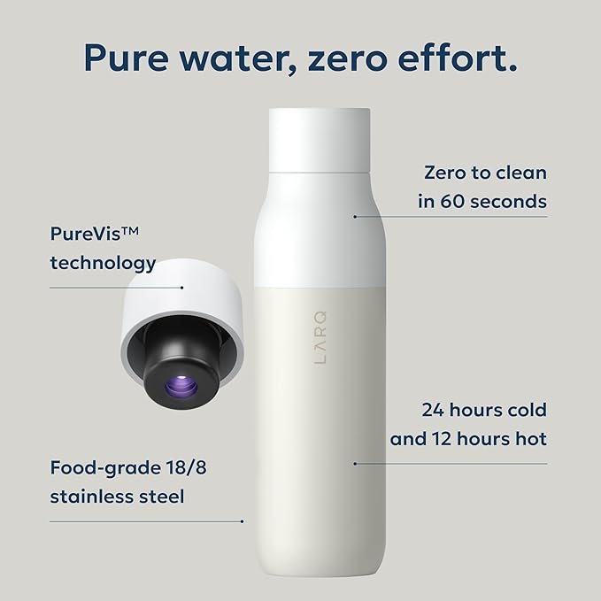 LARQ Bottle PureVis 17 oz - Self-Cleaning and Insulated Stainless Steel Water Bottle with UV Water Purifier and Award-winning Design | Reusable & Travel Friendly, 1-Year Warranty, Granite White