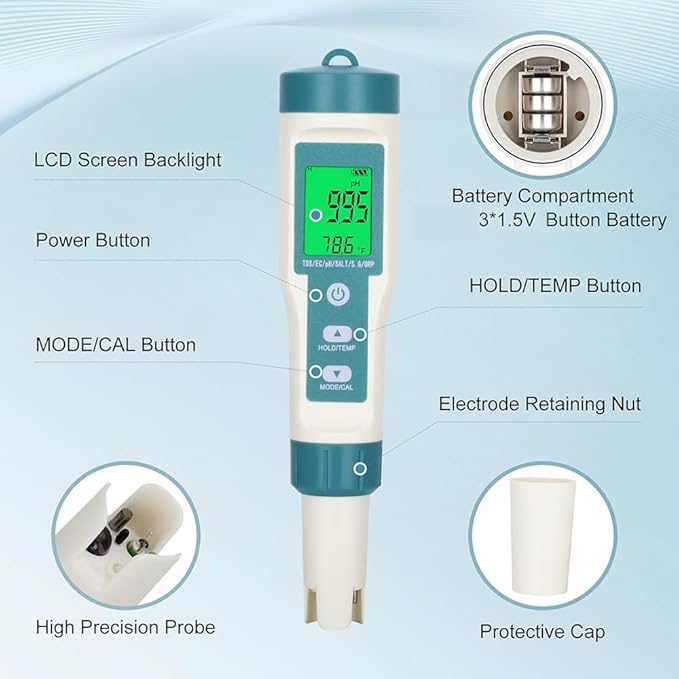Professional Water Quality Tester, 7-in-1 PH, TDS, Temperature, EC, Salinity, SG, ORP Meter, Waterproof Smart Digital Monitor, for Drinking Water, Swimming Pool, Aquariums