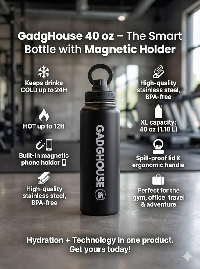 GadgHouse 40oz Stainless Steel Water Bottle with Magnetic Phone Holder, Compatible with Apple and Android. Leakproof, Insulated, BPA-Free, Keeps Hot 12H Cold 24H, for Gym, Office, Travel (ONYX BLACK)