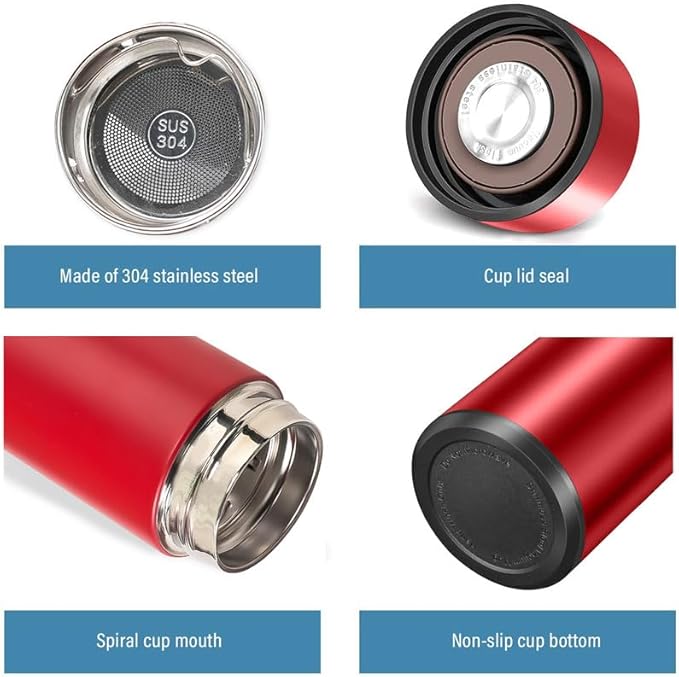 Smart Water Bottle Stainless Steel Vacuum Flask,Travel Mug with Smart LCD Touch Screen, Keep Hot Or Cold, Car Portable Travel Tea Coffee Vacuum Thermo Cup,Insulated Water Bottle (Red)