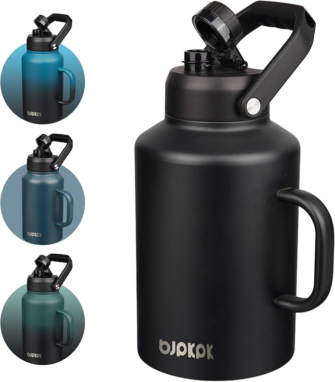 BJPKPK 1 Gallon Water Bottle with Handle, Large Dishwasher Safe 128oz Insulated Water Bottle, BPA Free Water Jug, Wide Mouth Metal Flasks with Anti-slip Bottom, Keep Cold & Hot,Black