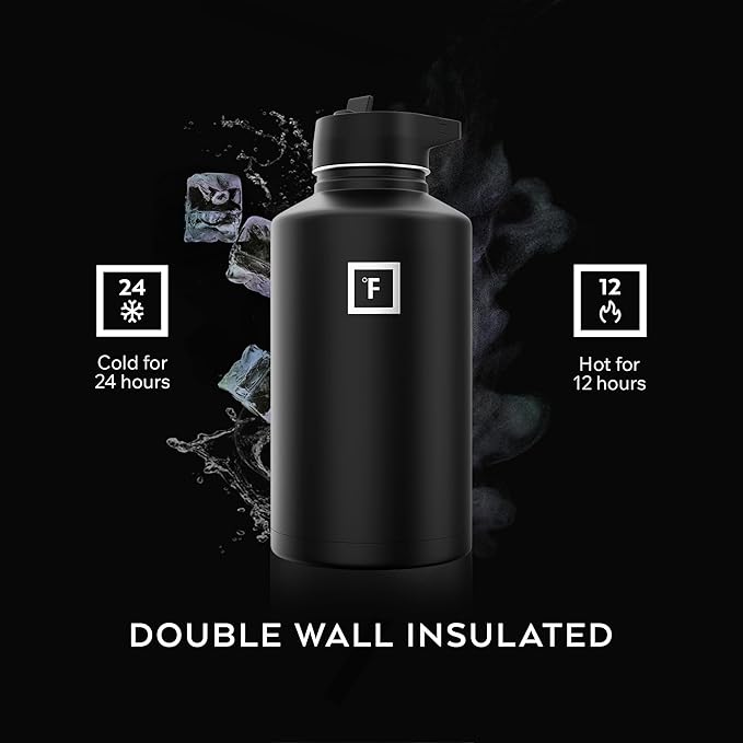 IRON °FLASK Camping & Hiking Hydration Flask with Straw, Wide Mouth Insulated Stainless Steel Sports Water Bottle - Graphite 64 oz - Straw (1 Lid)