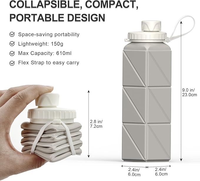 BEAUTAIL Collapsible Water Bottles 20.6oz, Silicone Foldable Portable Travel Water Bottle, BPA-Free, Leakproof Reusable for Traveling Camping Hiking Cycling Yoga Sports Outdoor, 1 Pack (Starlight)